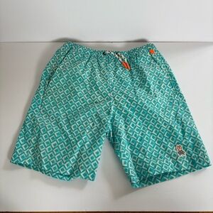 Psycho Bunny Boy Wave Blue White Honeycomb Graphic Print Swim Trunks 10/12 Logo